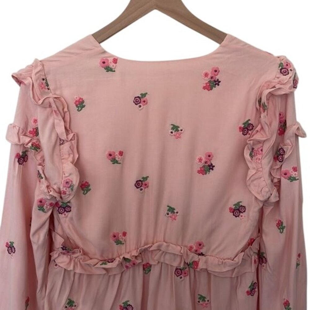 Tularosa | Floral Embroidered Plunging V Neck Button Down Bell Sleeve Top Small - Picture 7 of 9